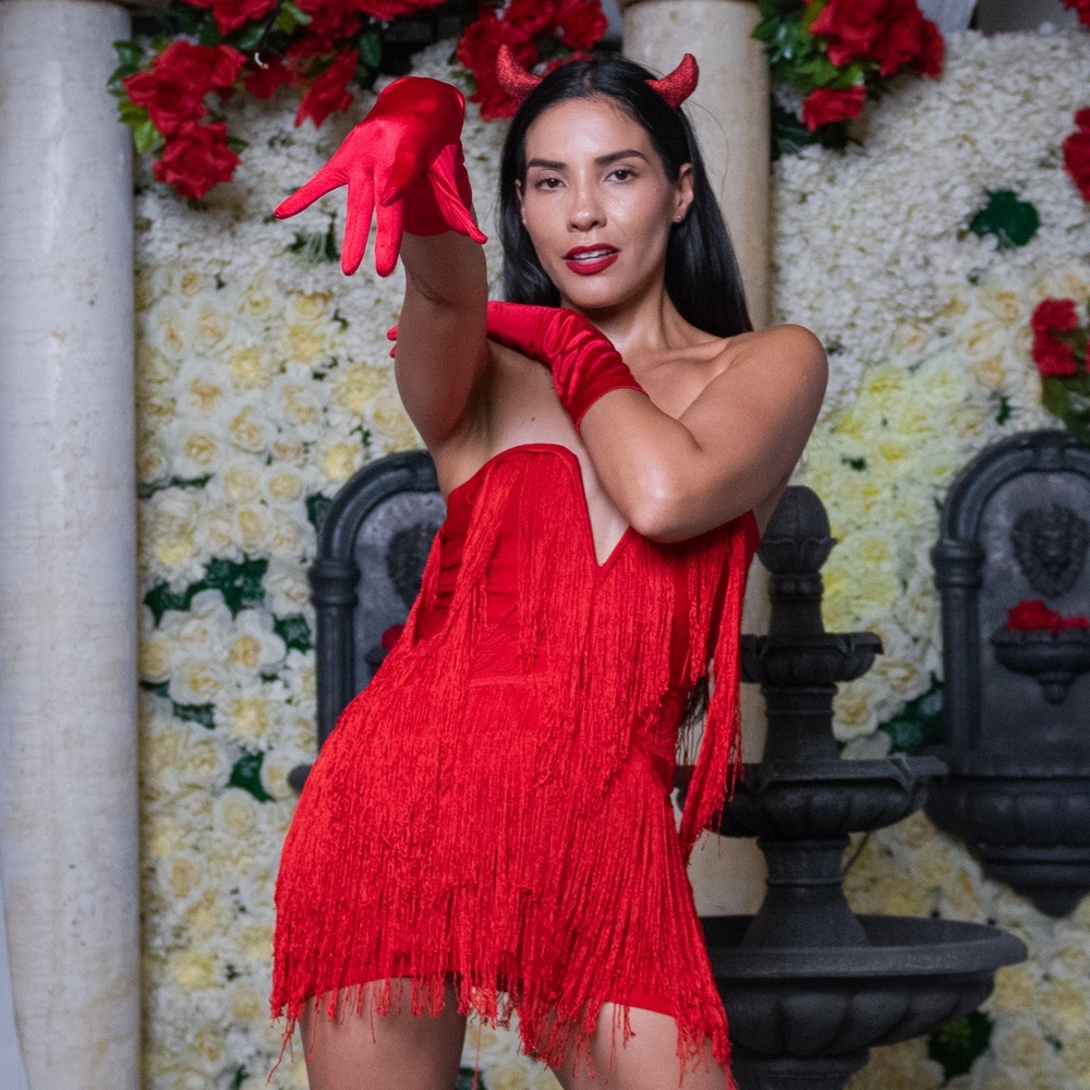 Sexy Devil Costume w/ Horns Halloween Red Fringe bandage Off Shoulder Mini Dress